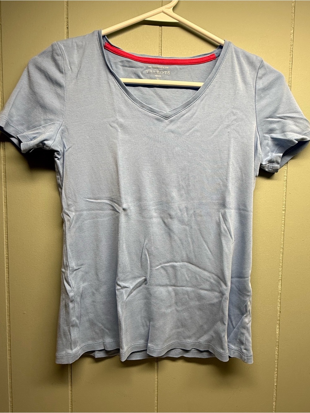 Talbots Pale Blue V-Neck Short Sleeve Tee with Pink Trim